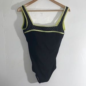 It figures! Size 14 black swimsuit with neon green trim